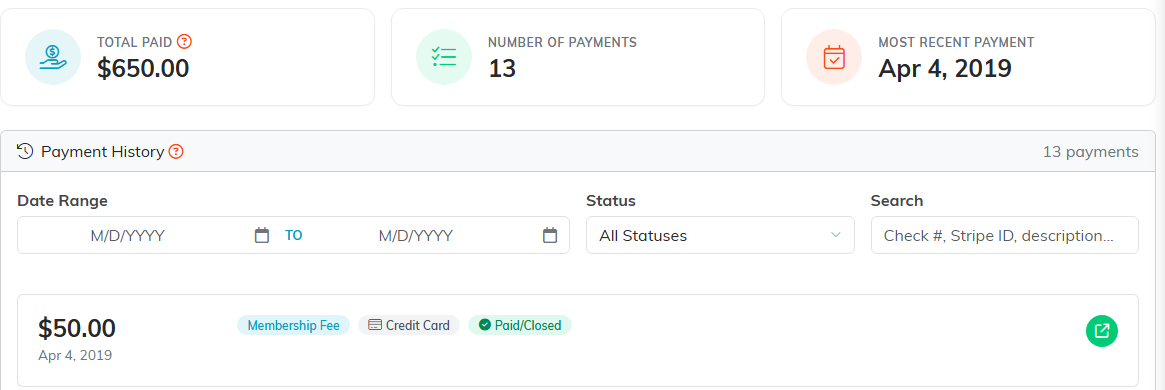 The Payments page of a member workspace with Total Paid, Number of Payments, and Most Recent Payment cards above the payment history