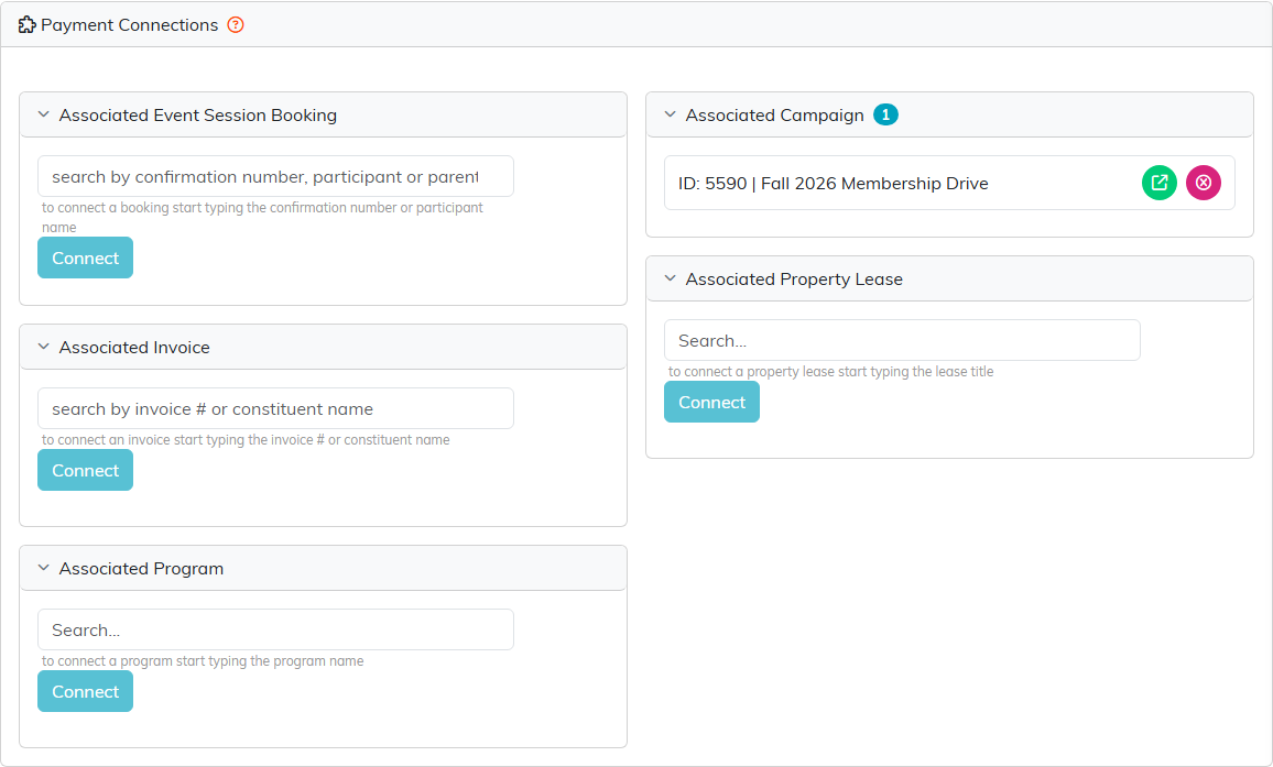 The Payment Connections tab with five cards: Associated Event Session Booking, Associated Invoice, Associated Program, Associated Campaign connected to the Fall 2026 Membership Drive, and Associated Property Lease