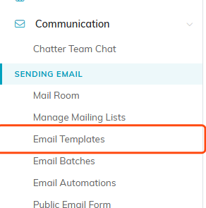 The Communication menu expanded, with Email Templates highlighted under Sending Email