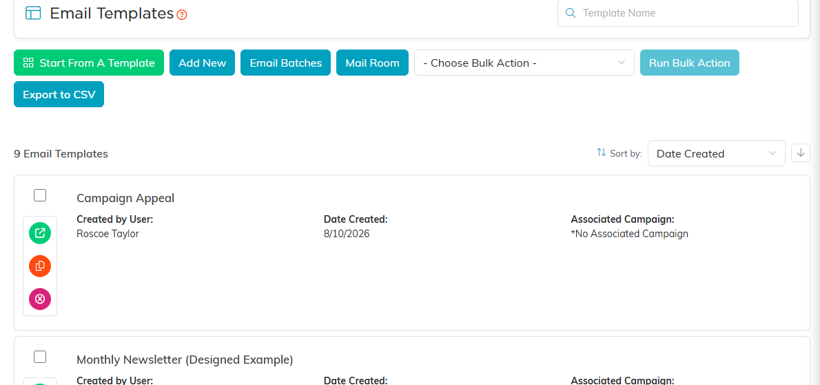 The Email Templates list page showing template cards