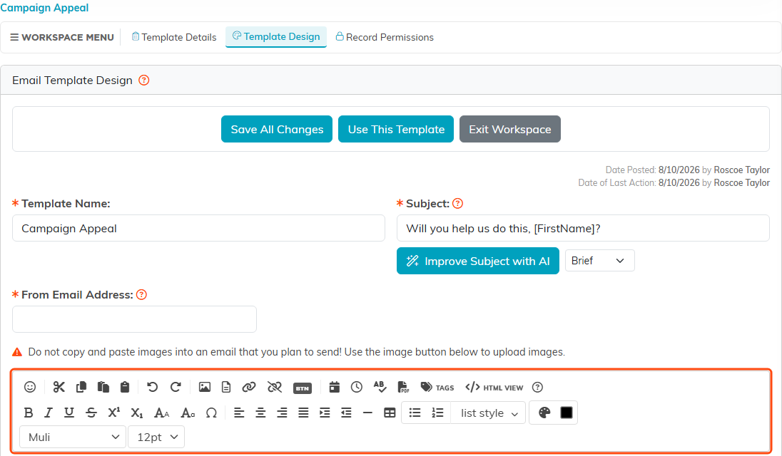 The Email Template Workspace with the editor toolbar outlined