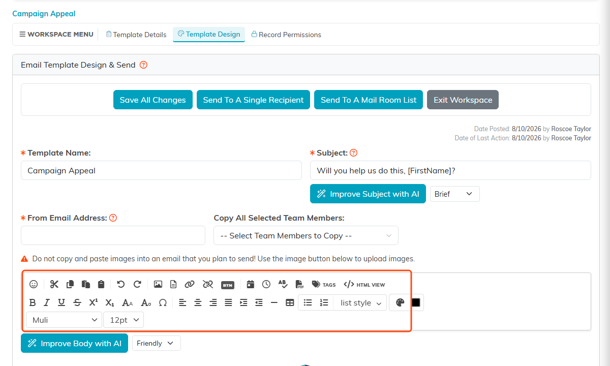 The Email Template Workspace with the editor toolbar outlined
