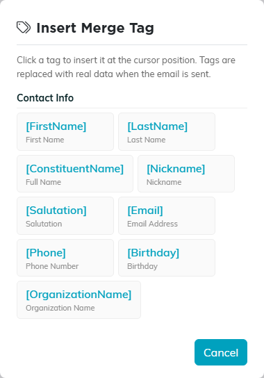 The Insert Merge Tag picker open on the Contact Info category