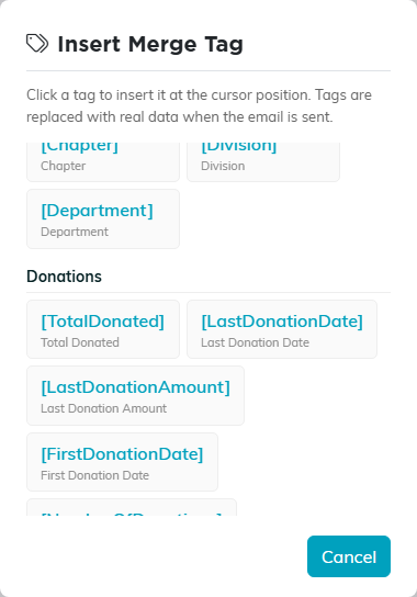The merge tag picker scrolled to the Donations category