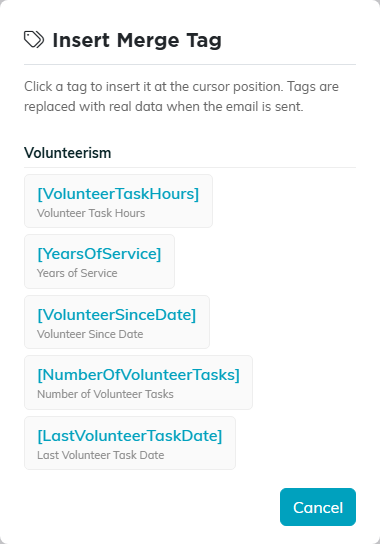 The merge tag picker scrolled to the Volunteerism category