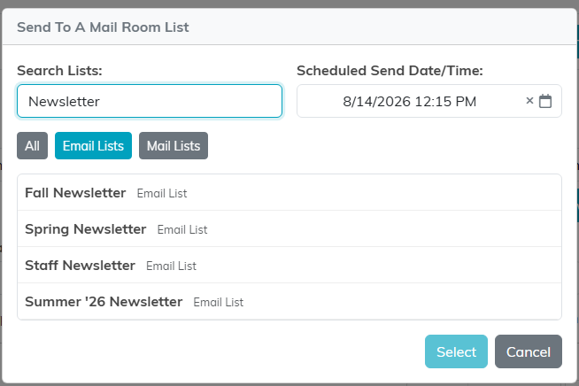 The Send To A Mail Room List panel with a filtered list of newsletters and a scheduled send time