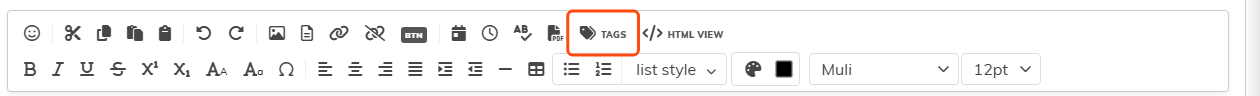 The editor toolbar with the Tags button highlighted
