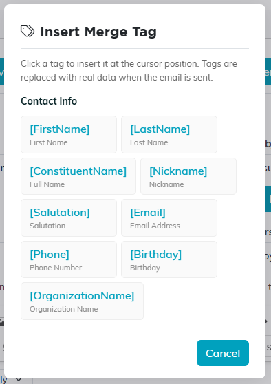The Insert Merge Tag picker showing the Contact Info tags