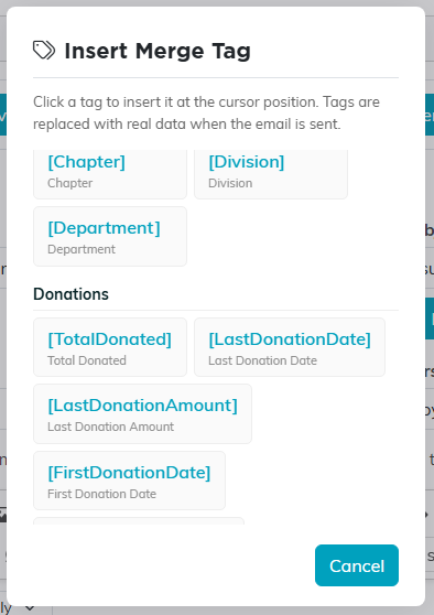 The merge tag picker scrolled to the Donations group