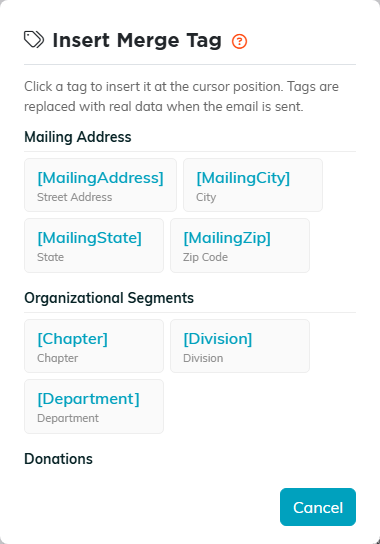 The Insert Merge Tag picker scrolled to the Mailing Address, Organizational Segments and Donations groups