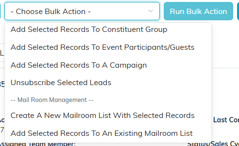 The middle of the bulk action list, showing the add-to actions and the Mail Room group