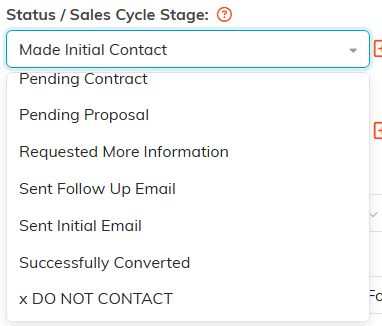 The Status and Sales Cycle Stage list open with x DO NOT CONTACT at the bottom