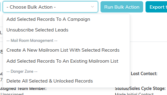 The end of the bulk action list, with a Danger Zone divider above Delete All Selected and Unlocked Records