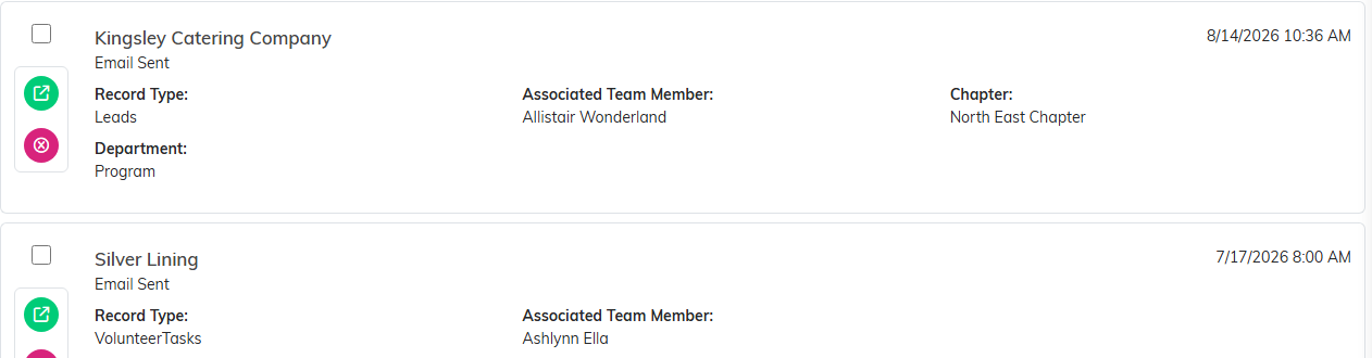 Two rows of the Engagement list showing the constituent, the engagement type, the record type and the team member