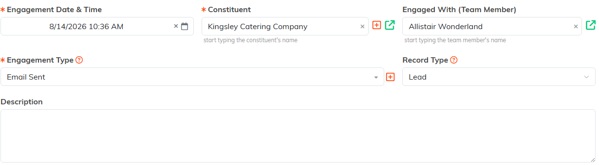 The Engagement Details fields: date and time, constituent, engaged with, engagement type, record type and description