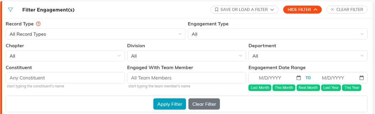 The engagement filter panel open with record type, engagement type, chapter, division, department, constituent, team member and a date range