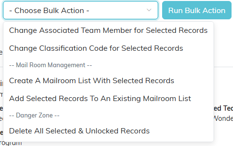 The engagement bulk action list showing the change actions, the Mail Room group and a Danger Zone delete