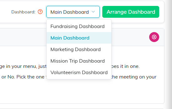 The Dashboard picker open with Marketing Dashboard in the list