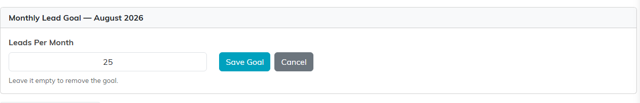 The Monthly Lead Goal card in edit mode with a Leads Per Month box, Save Goal and Cancel
