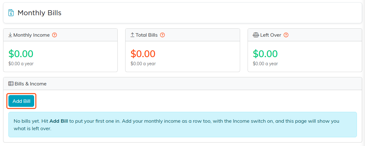 A new Monthly Bills page with three cards at zero and the Add Bill button highlighted
