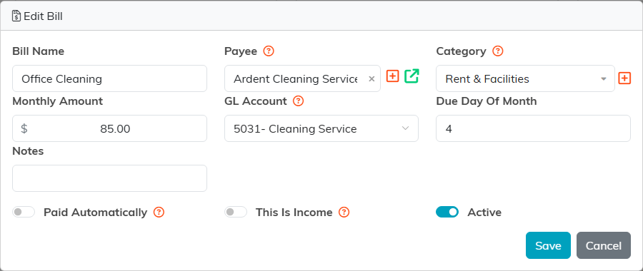 The Edit Bill window for Office Cleaning, with Bill Name, Payee, Category, Monthly Amount, GL Account, Due Day Of Month, Notes and three switches