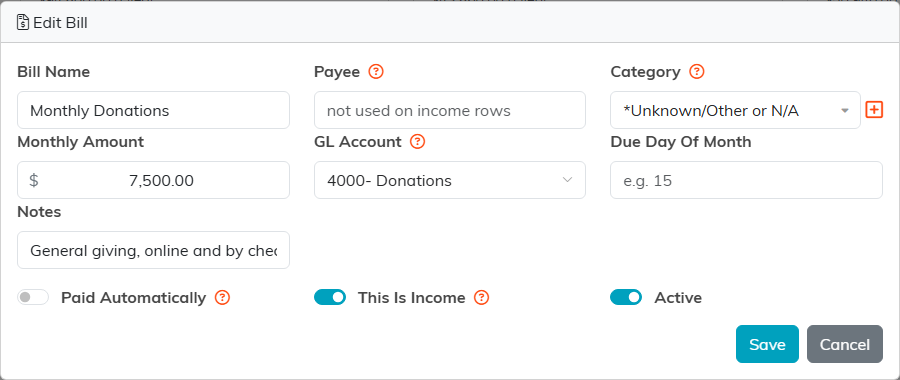 The Edit Bill window for Monthly Donations, with This Is Income on, the Payee box reading not used on income rows, and the GL Account set to 4000 Donations