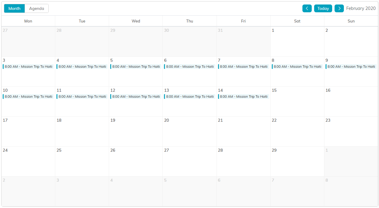 The Community Mission Project Calendar in Month view with a project running across several days