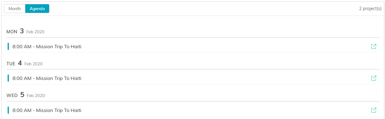 The calendar in Agenda view listing scheduled projects in date order