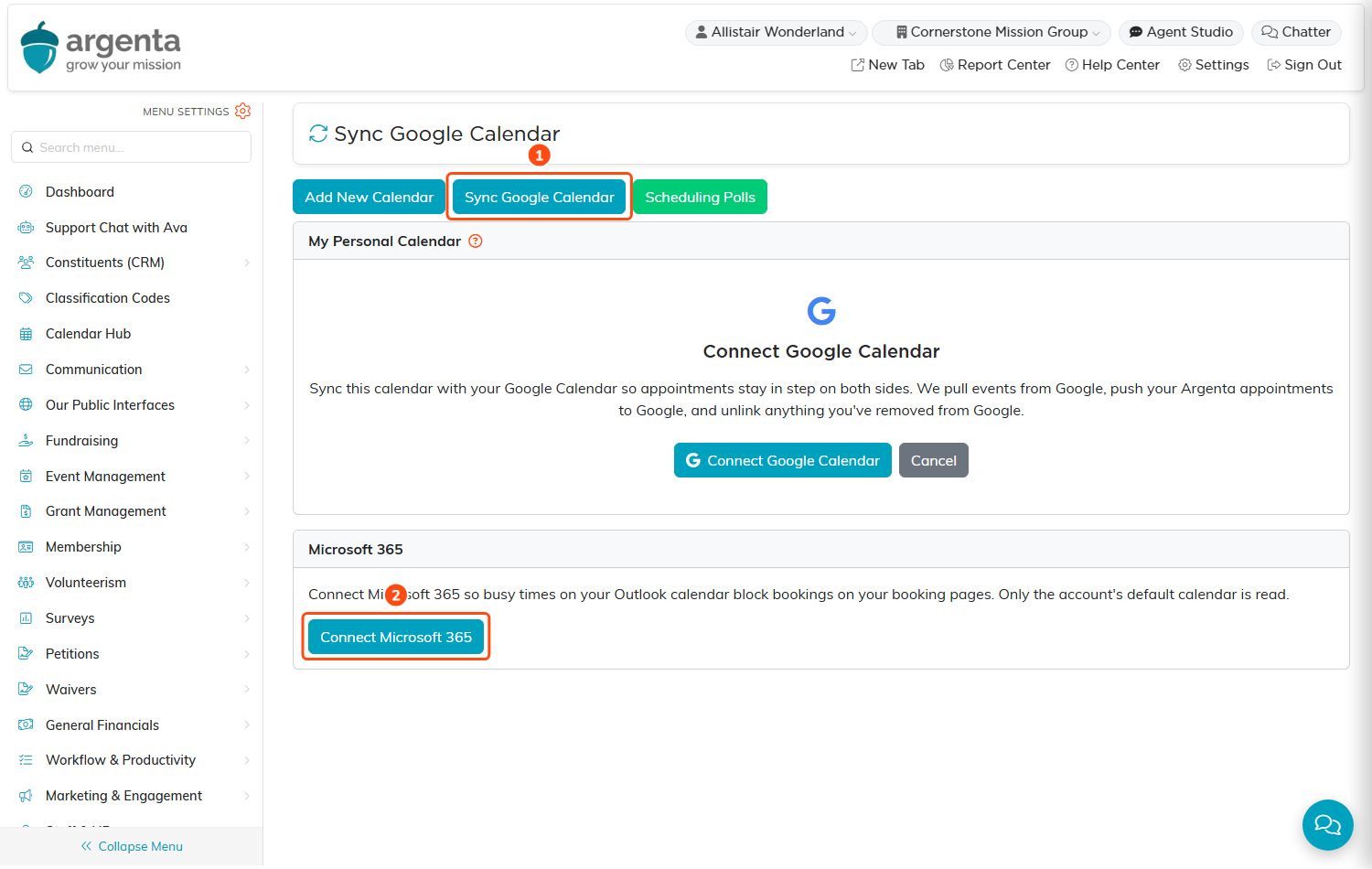 The Calendar Hub sync page with the Sync Google Calendar button outlined as 1 and the Connect Microsoft 365 button in the Microsoft 365 card outlined as 2