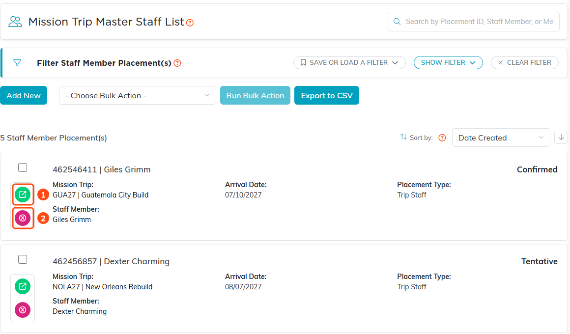 The Mission Trip Master Staff List with the search box, the Filter Staff Member Placement(s) bar, Add New, Choose Bulk Action, Run Bulk Action and Export to CSV, then placement cards for Giles Grimm on GUA27 Guatemala City Build (Confirmed, arriving 07/10/2027, Trip Staff) and Dexter Charming on NOLA27 New Orleans Rebuild (Tentative). 1 marks the green Open icon and 2 marks the pink Delete icon on the first card