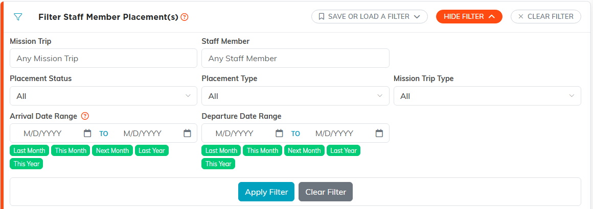 The open filter panel with Mission Trip, Staff Member, Placement Status, Placement Type, Mission Trip Type, Arrival Date Range and Departure Date Range, the quick range buttons, and Apply Filter and Clear Filter