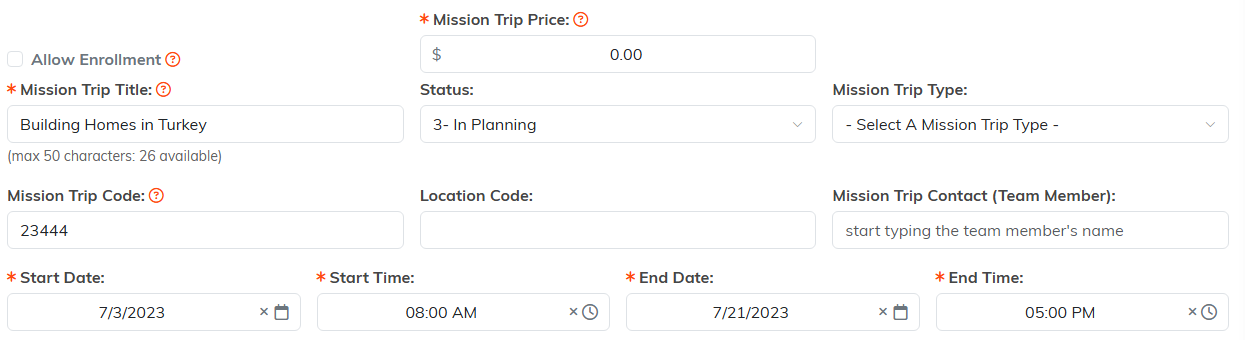 The top of the Trip Details tab showing the title, price, date and time fields