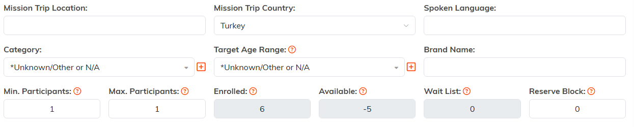 The location, category and participant fields on the Trip Details tab, including the read-only counts