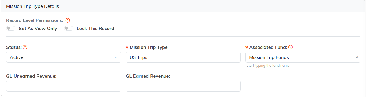 The Trip Type Details tab with status, type name, fund and GL fields
