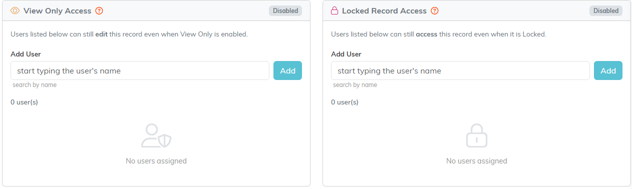 The Record Permissions tab with the View Only Access and Locked Record Access panels