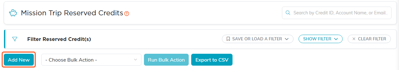 The Mission Trip Reserved Credits list with the Add New button outlined