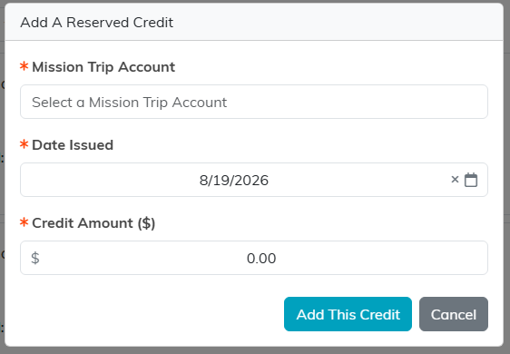 The Add A Reserved Credit window with account, date issued and credit amount fields