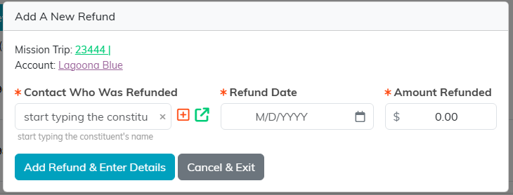 The Add A New Refund pop-up with contact, refund date and amount refunded fields