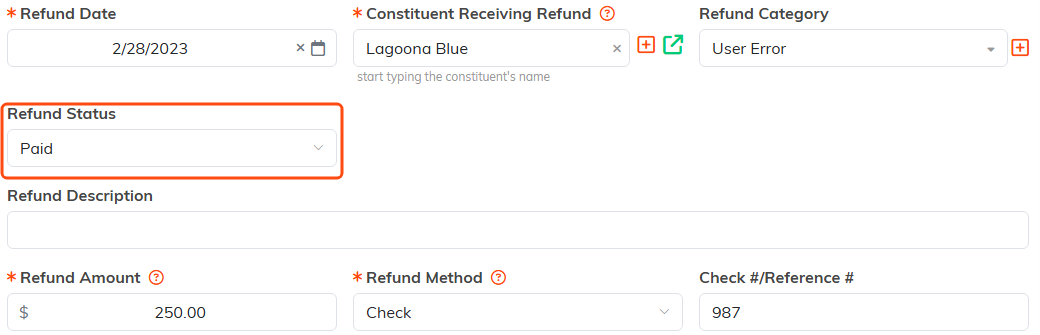The refund detail fields: date, constituent, category, the Refund Status set to Paid (outlined), description, amount, method and check number