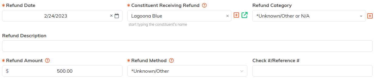 The refund detail fields including date, constituent, category, description, amount, method and check number