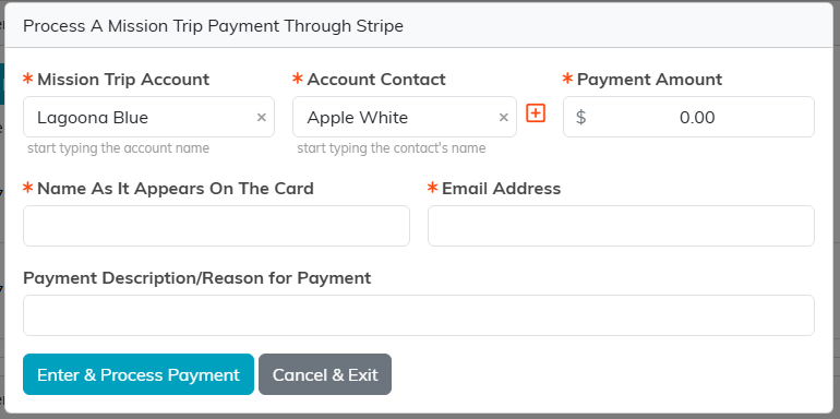 The Process A Mission Trip Payment Through Stripe pop-up with account, contact, amount, name and email fields
