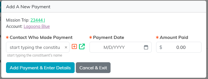 The Add A New Payment pop-up with contact, payment date and amount paid fields