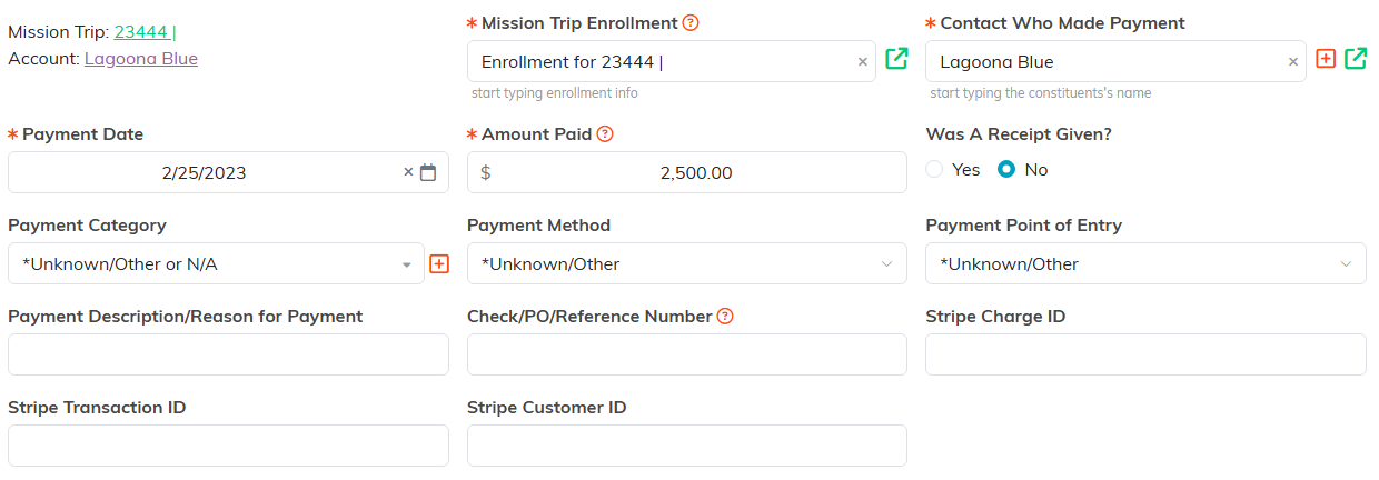 The payment fields on the Payment Details page, including enrollment, contact, date, amount, category and method