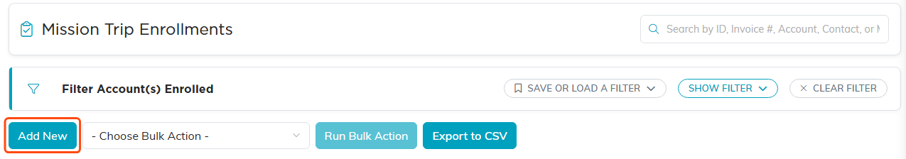 The Mission Trip Enrollments list with the Add New button outlined