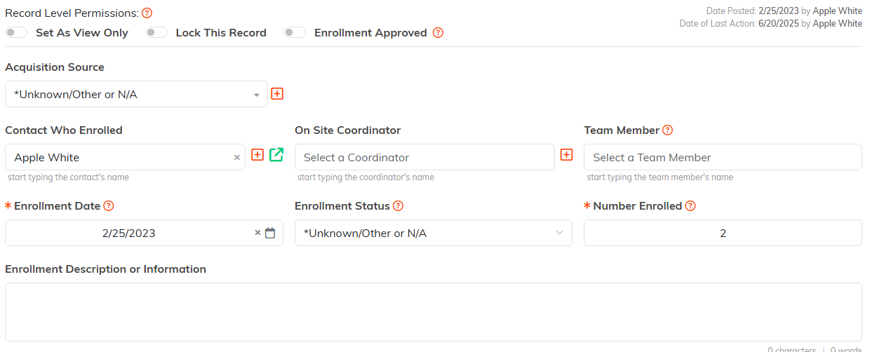 The Enrollment Details form with contact, dates, status and number enrolled