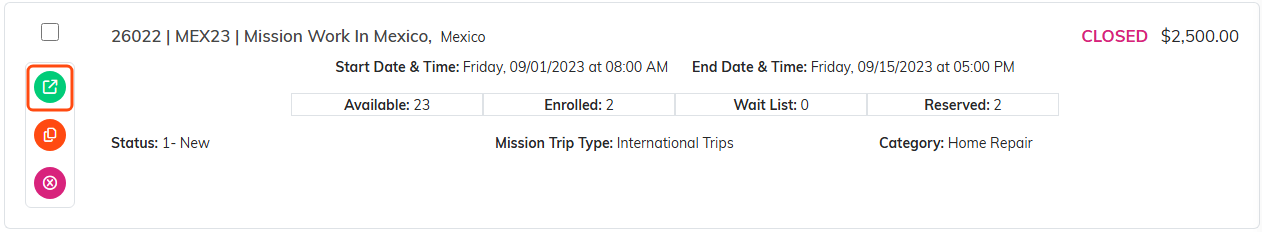 A trip row on the Mission Trips list with the green open icon outlined