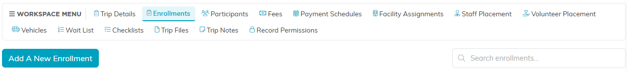 The Enrollments tab of the Mission Trip Workspace with the Add A New Enrollment button below it