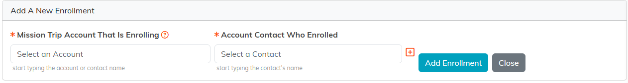 The Add A New Enrollment panel with account and contact pickers and the Add Enrollment button