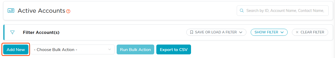 The Active Accounts list with the Add New button outlined
