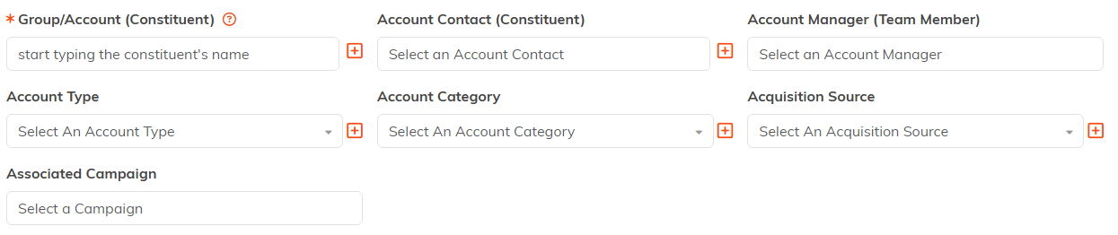 The Add A Mission Trip Account form showing the constituent, contact, manager, type, category, source and campaign fields